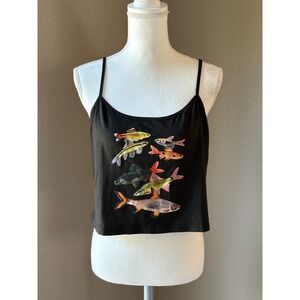 SHEIN Womens 1XL Black Graphic Fish Print Cami Crop Top Adjustable Straps Summer